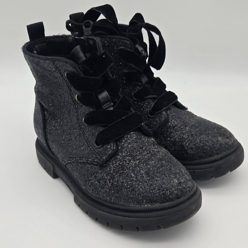 Cat & Jack Girls Black Glitter Combat Boots Side Zip Velvet Laces Size 10